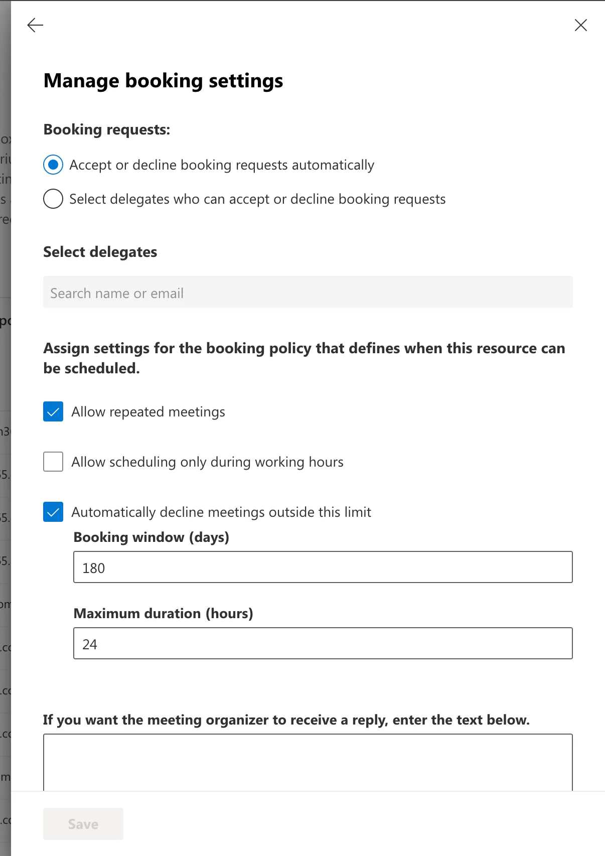 Manage booking settings pane showing booking request options, booking window and maximum duration