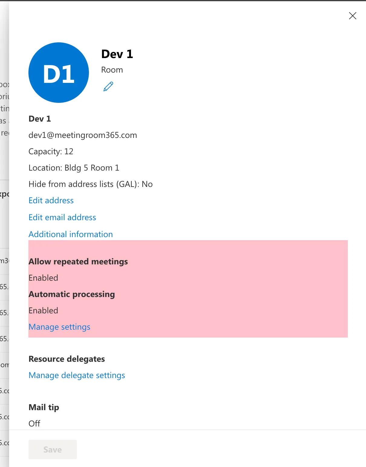 Exchange room mailbox details for a resource showing automatic processing and repeated meeting settings