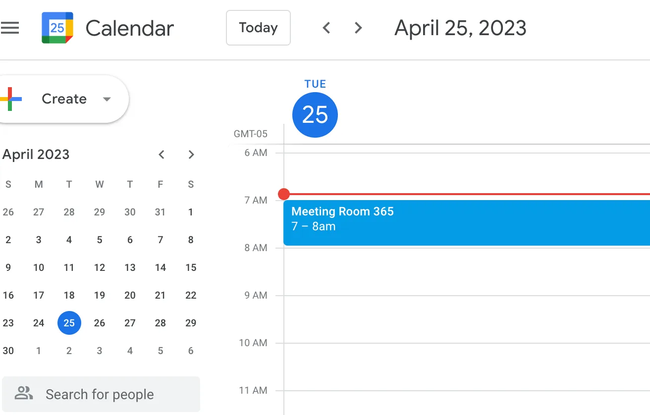 Google Calendar day view showing a Meeting Room 365 event booked from 7 to 8 am