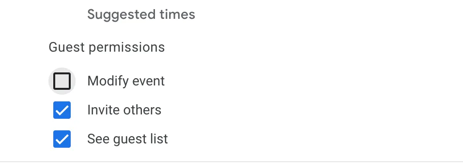 Google Calendar guest permissions showing Modify event, Invite others and See guest list options