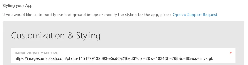Customization and styling panel with the background image URL field filled in