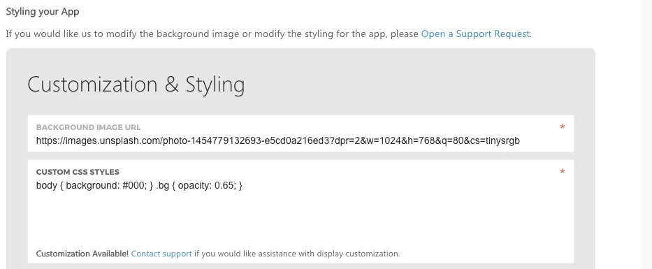 Customization and styling panel showing the background image URL and a custom CSS styles field