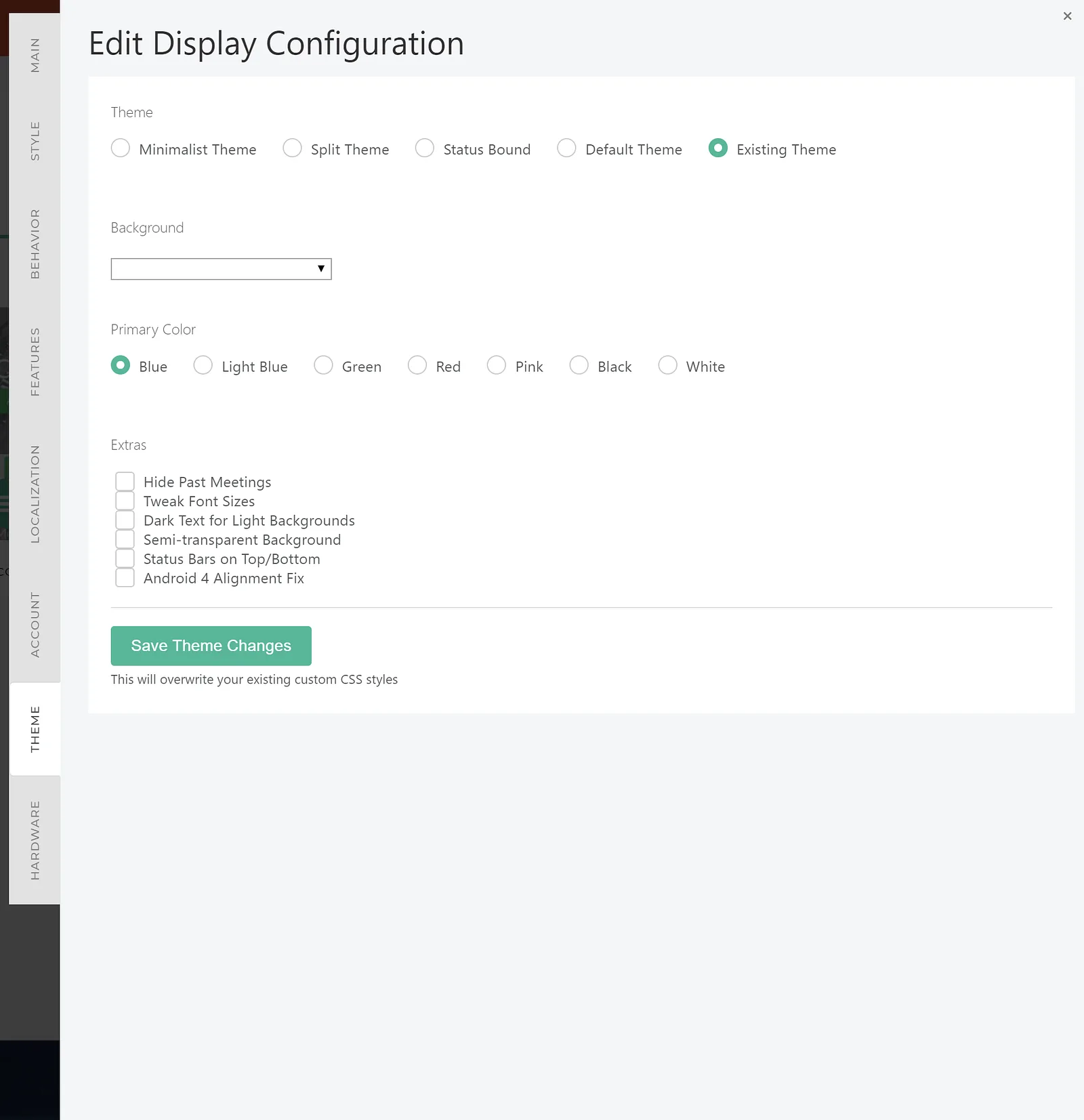 Edit Display Configuration panel with theme, background and primary colour options