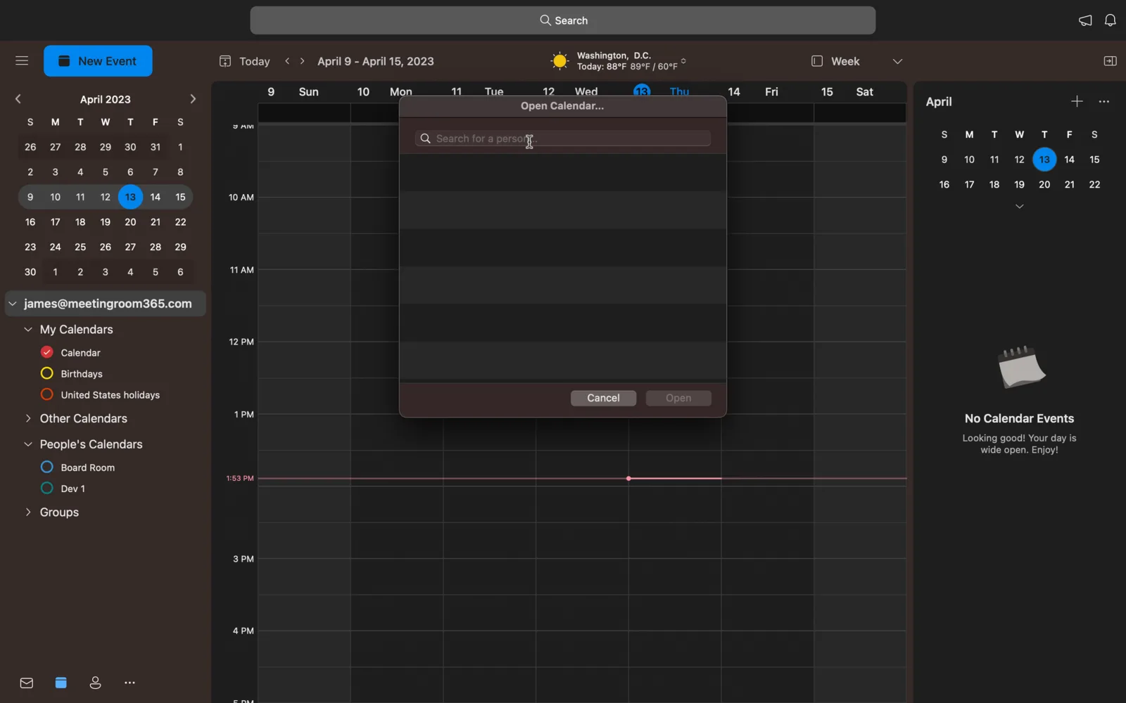New Outlook desktop Open Calendar dialog with a search box for finding a person