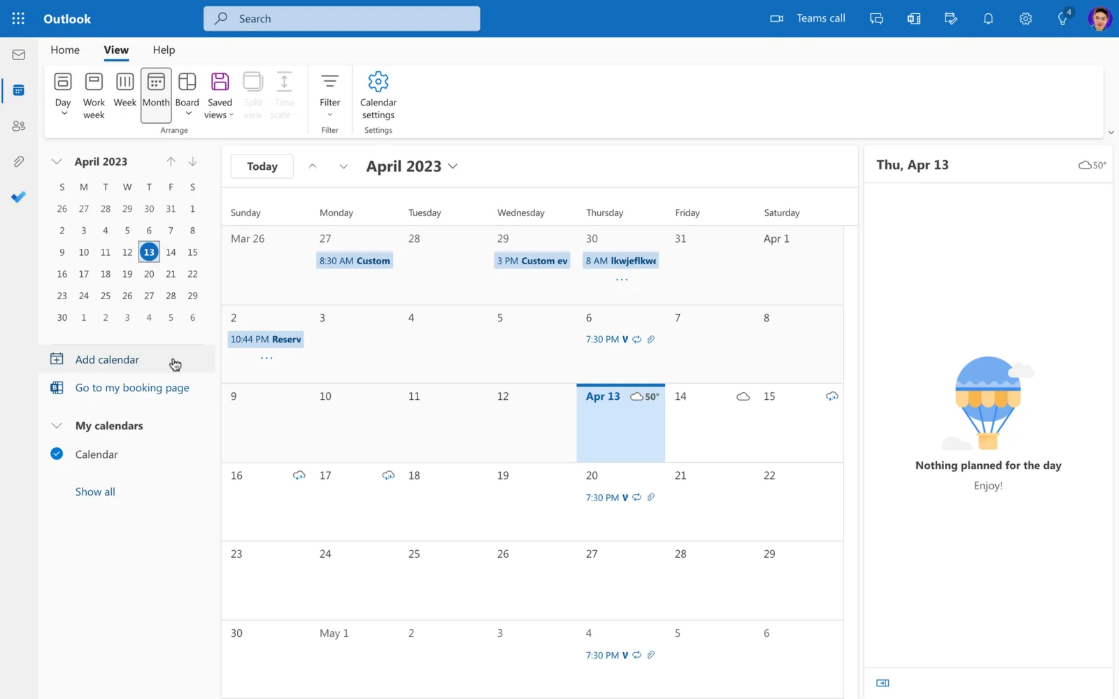 Outlook on the web calendar sidebar with Add calendar being selected